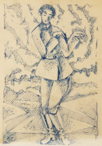 Stefan Szmaj, Artur Swinarski (Artur Swinarski tańczący), niebieskie tusz na zbrązowiałej kalce, 22,5 x 15,4 cm