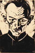 Stefan Szmaj, Autoportret III, 1921, linoryt na kremowo-brązowej bibule żeberkowej, 15,2 x 10,4 cm