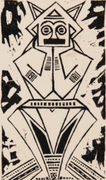 Stefan Szmaj, Bożek V (Krischna, Światowid), z cyklu Bożki, 1918, linoryt na kremowym papierze, odbitka próbna, retusz czarnym długopisem, 13,4 x 7,7 cm