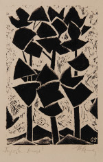 Stefan Szmaj, Topole VIII, z cyklu Topole, 1920/62, linoryt na kremowym papierze, odbitka próbna, retusz czarnym długopisem, 24,8 x 16,1 cm